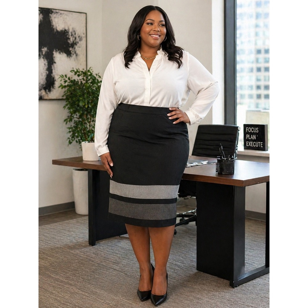 Ashley Stewart Womens Plus Size‎ 20 Black Grey Colorblock Stripe Pencil Skirt